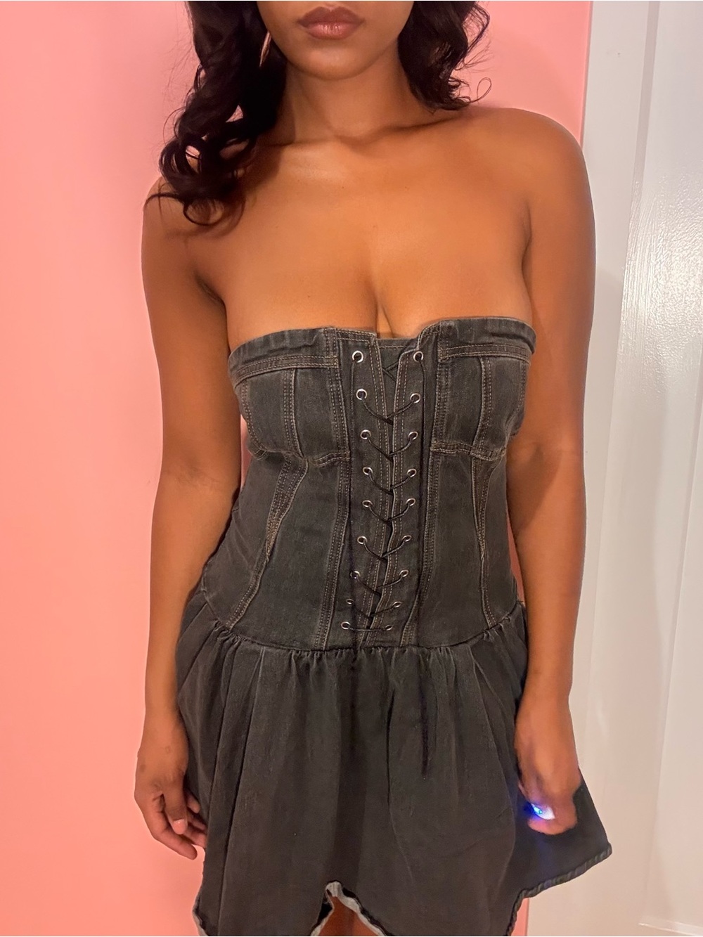 Strapless Black Denim Lace-Up Corset Dress